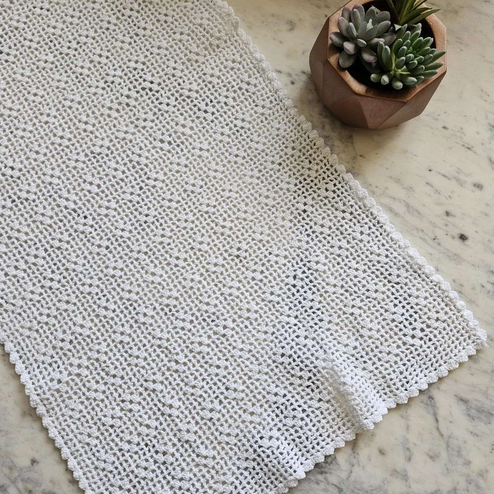 Vintage Handmade White Cotton Crochet Table Runner